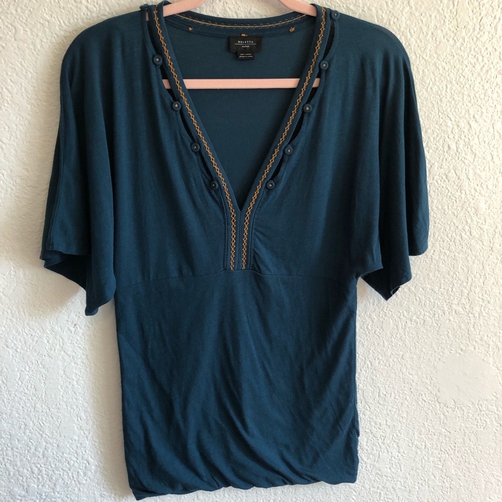 ANTHROPOLOGIE DELETTA Short Bell Sleeved Teal Top